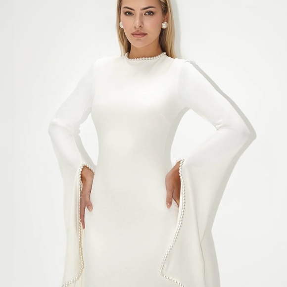 white pearl dress long sleeve Long Sleeve Pearl Sequin Maxi Dress Ivory